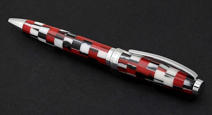 Xezo Urbanite II Ballpoint Pen, Medium Point. Sporty Red, Black, and White Checkered Acrylic on Brass. Chrome Plated. Handcrafted, Limited Edition, Serialized-DeskLoop Office