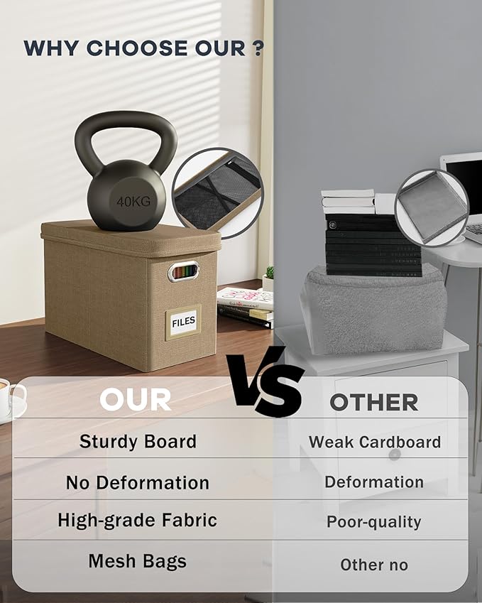 Oterri Hanging Filing File Box with Mesh Pocket, File Organizer Box with Lid, Collapsible Document Organizer Box for Letter Size, Easy Slide Durable Storage Box for Office/Decor/Home (2 PCS, Khaki)-DeskLoop Office