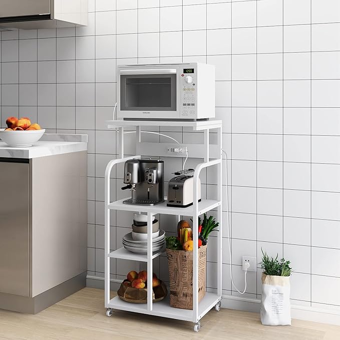 VEDECASA Mobile High Printer Stand with Power Outlet Charging Plugs USB Port Office Storage Shelf Includes Computer Tower CPU Stand Holder with Wheel (White)-DeskLoop Office