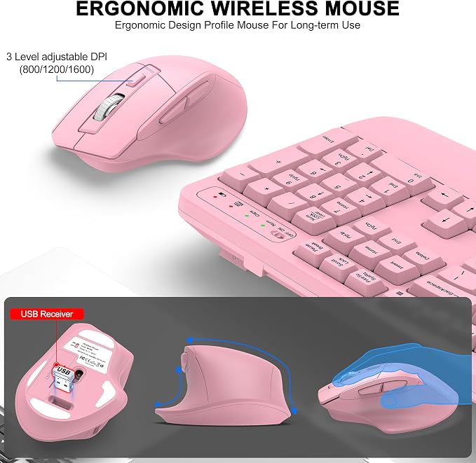 Wireless Keyboard and Mouse Combo, 2.4G Full Size Wave Keys Ergonomic Keyboard - Image 4