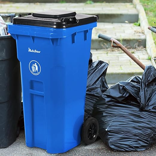 32 Gallon Recycling Rollout Trash Can with Lid, Commercial Heavy-Duty Wheeled Outdoor Garbage Can, Blue 2 Pack