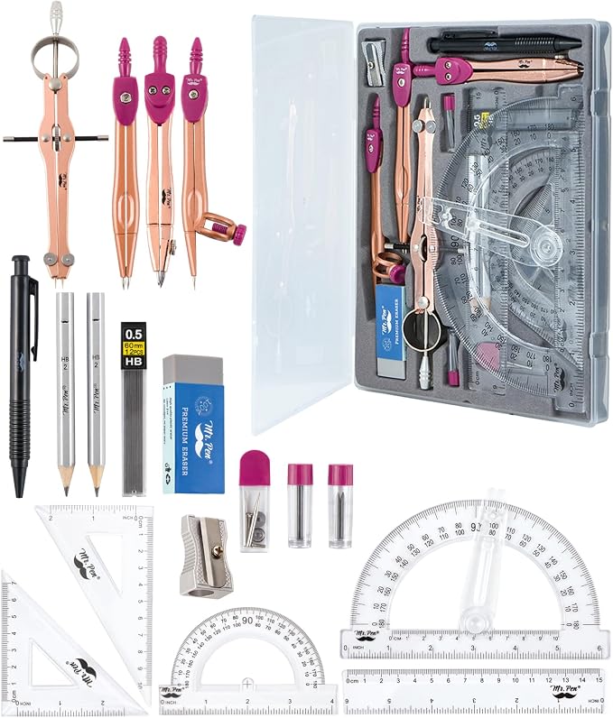 Mr. Pen- Geometry Set, Rose Gold & Pink | 6 Inch Swing Arm Protractor, Set by MrPen
