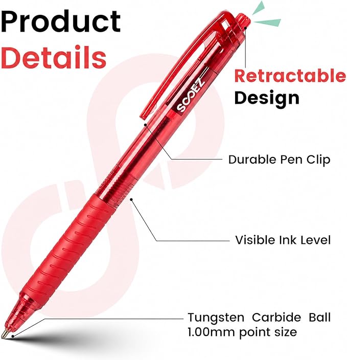 Sooez 24 Pack Bulk Pens Ballpoint, Retractable Red Ink Pens, Smooth Writing Pens - Image 4