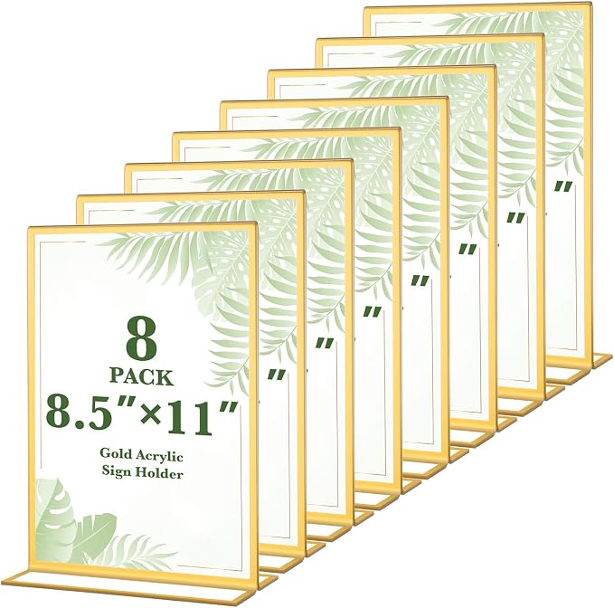 8 Pack Gold Acrylic Sign Holders 8.5x11 Inch, Double Sided Vertical Stand Clear by ALFFUN
