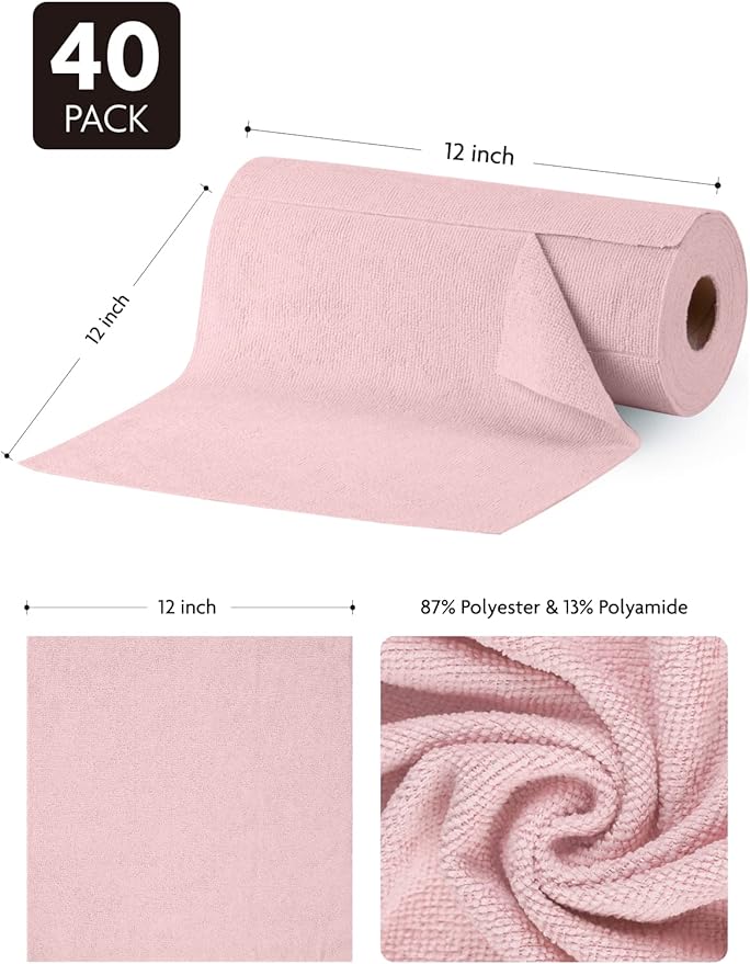 Fantasticlean Microfiber Cleaning Cloth Roll -40 Pack, Tear Away Microfiber Towels, 12" x 12", Reusable, Washable, Scratch Free, Ultra Absorbent Dish Rags for Car, Home, Garage or Shop (Pink)-DeskLoop Office