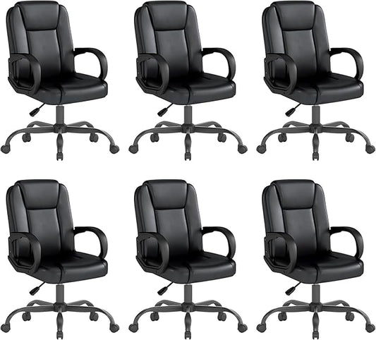 ZZH Executive Office Chair, Leather Desk Computer Chair with Armrests, Mid-Back Swivel Adjustable for Home Office, 6PC, Black-DeskLoop Office