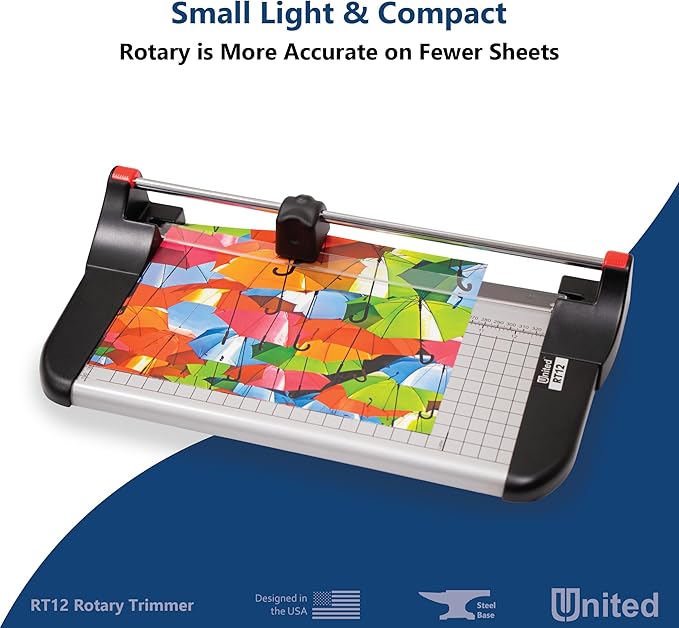 United Office Products RT12 Rotary Paper Trimmer, 12.5" Cut Length, 10 Sheet Capacity, Metal Base, Paper Cutter for Offices, Schools and Crafts-DeskLoop Office