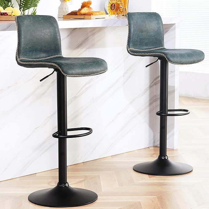 HeuGah Swivel Bar Stools Set of 2, Adjustable Counter Height Barstools with Back, Faux Leather Bar Chairs for Kitchen Island (Deep Teal, Set of 2 (24'' to 32''))-DeskLoop Office