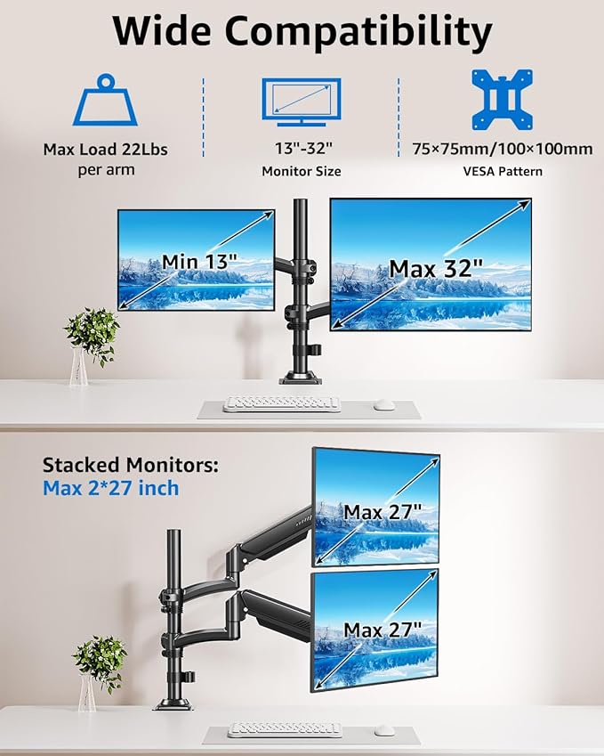 Dual Monitor Stand Holds 4.4-22 lbs Each, Dual Monitor Mount Height up to 26.6 inch, Gas Spring Monitors Arm for Max 32 inch Computer, VESA Mount with C-clamp & Grommet Mounting, Freelift Black-DeskLoop Office