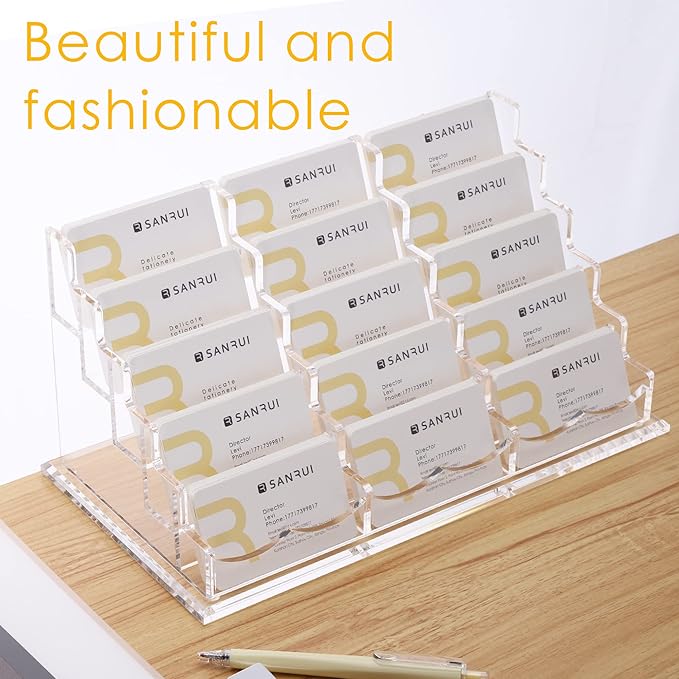 SANRUI Acrylic Multiple Business Card Holder Display for Desk , 15 Slots Business Card Stand , Clear Horizontal 5 Tier Business Card Holders, Holds 750-900 Cards-DeskLoop Office
