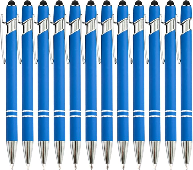 PASISIBICK 12 Pieces Blue Ballpoint Pen with Stylus Tip, 2 in 1 Stylus Stylish Pen, Blue Metal Stylus Pen for Touch Screens, Black Ink, 1.0 mm Medium Point(12 PCS Light Blue)-DeskLoop Office
