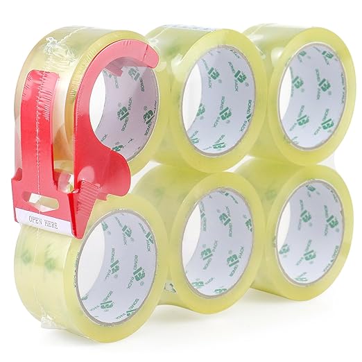 BOMEI PACK 6Rolls Clear Yellowish Packing Tape Refills, 2.4 Mil 1.88 Inch x 60 Yards, Packaging Tape with Dispenser for Moving, Shipping and Storage-DeskLoop Office