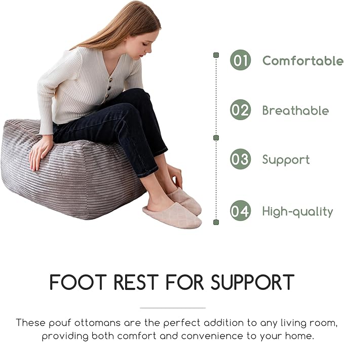 HIGOGOGO Square Stuffed Pouf Ottoman, Corduroy Poufs with Foam Chunk Filling, Furry and Fluffy Pouf Foot Stool Storage Ottoman, 21 X 21 Floor Poufs Foot Rest for Living Room, Grey-DeskLoop Office