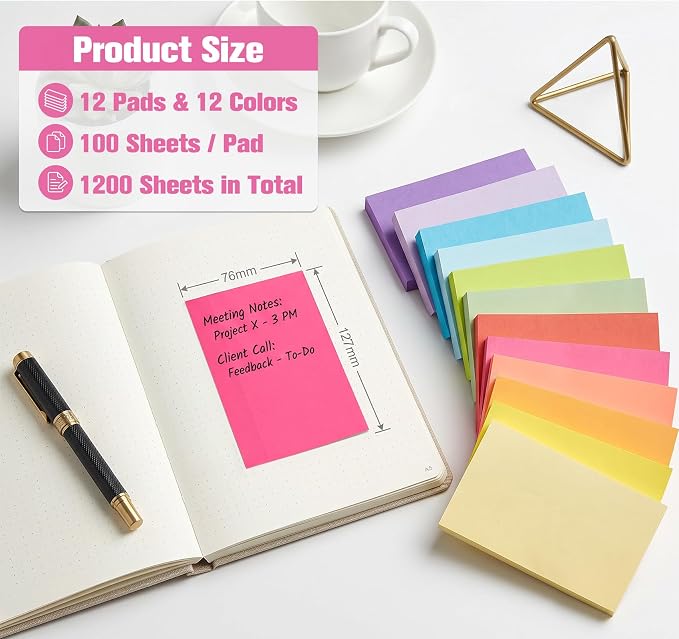 Agoer Large Sticky Notes, 1200 Sheets Memo Pads, 3 x 5 in Bright Colored Note - Image 3