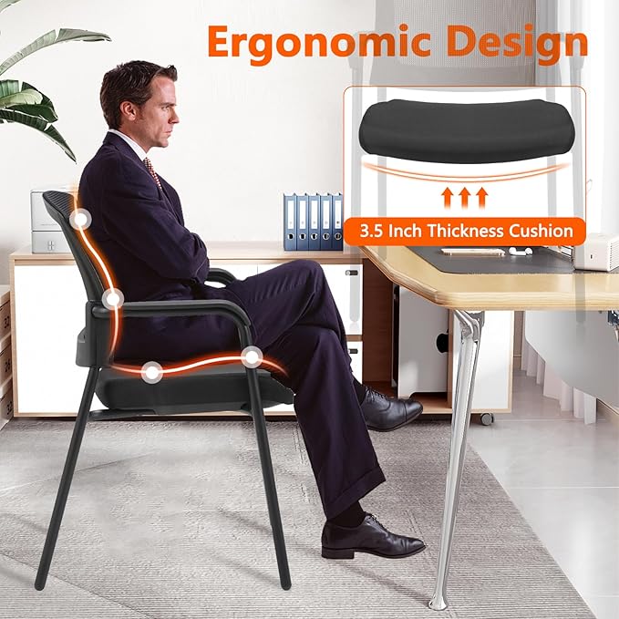 CLATINA Office Reception Guest Chair Mesh Back Stacking with Ergonomic Lumbar Support and Thickened Seat Cushion for Waiting Conference Room Black 4 Pack-DeskLoop Office