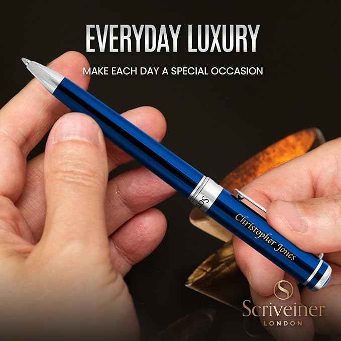 Scriveiner Personalized Midnight Blue Pen - Stunning Blue Lacquer Luxury Pen, Chrome Finish, Schmidt Ink Refill, Best Engraved Ball Point Gift Set for Men & Women, Custom Name Engraving-DeskLoop Office