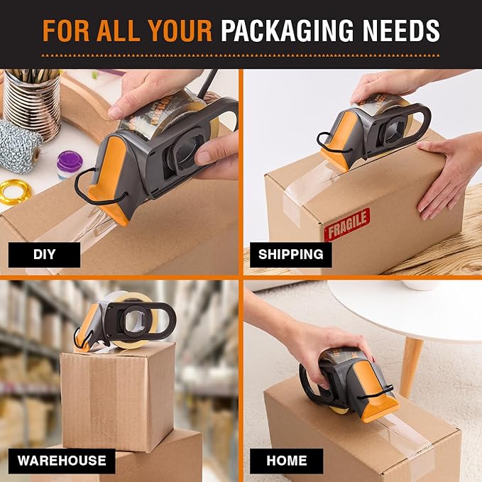 Clear Packing Tape with Dispenser (2 Rolls) - Professional Grade for Boxes - Packaging, Shipping with Refillable Dispenser, Fits Standard Bulk Up to 2" Wide