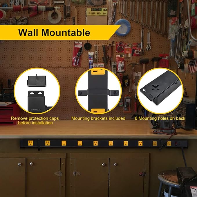SURAIELEC 10 Outlet Long Power Strip Surge Protector, Industrial Heavy Duty Metal Shop Power Strip Flat Plug, 1000 Joules, 15 A Breaker, 6FT Cord, Wall Mountable, for Work Bench, Shop, Garage, 2 Pack-DeskLoop Office