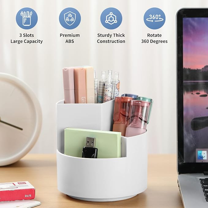 Desk Pencil Pen Holder, 3 Slots 360-Degree Spinning Organizers, Desktop Storage - Image 2