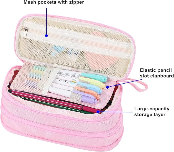 Big Pencil Case Zipper Pencil Pouch Organizer Large Capacity Pen Bag with Handle Portable for Girls Kids Adults Gift Pen Case for School Home Office Light-pink-DeskLoop Office