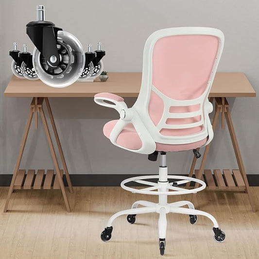 HYLONE Drafting Chair Tall Office, Ergonomic Standing Desk Stool Adjustable Drafting Chair Big Tall Drafting Office Chair Pink-DeskLoop Office