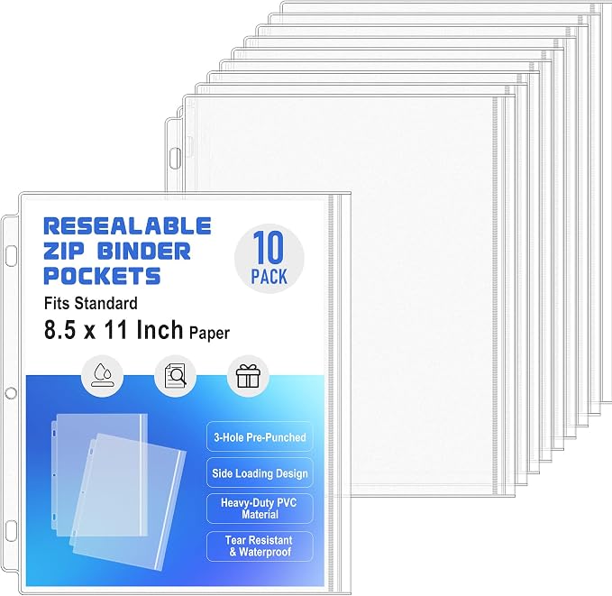 Antner 10 Pack Letter Size Binder Pockets 3 Ring Binder Zipper Pouch, 3-Hole by Antner