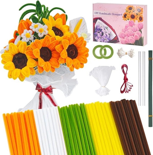 500 PCS Pipe Cleaners Craft Kit for Flower Making Sunflower DIY Material Bundle with 20 Stems, 100 Stamens, Ribbon, Tulle, Glue Sticks & Step-by-Step Guide Vibrant Colors, Non Shedding, FadeResistant-DeskLoop Office