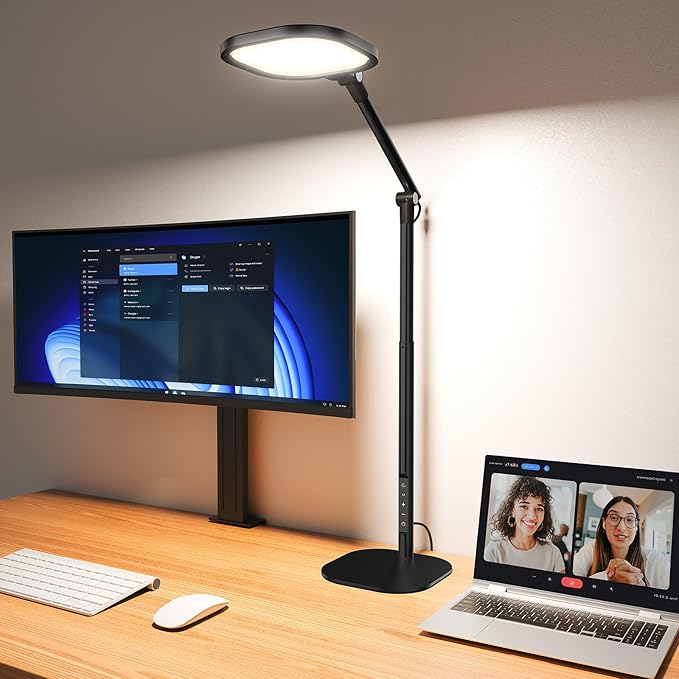 Led Desk Lamps for Home Office with Base, Tall Desk Lamp with 50 Light Modes & Memory and Timer Func Computer Light, Flexible Adjustable Table Lamps for Video Conference, Architect or Study(Black)-DeskLoop Office