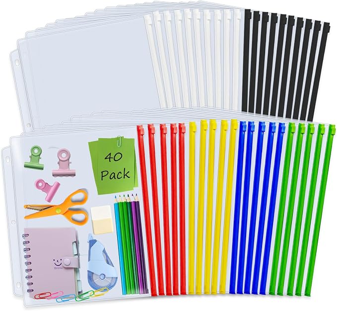 Binditek 40 Pack Plastic Zippered Binder Pockets, 3-Hole Punched by Binditek