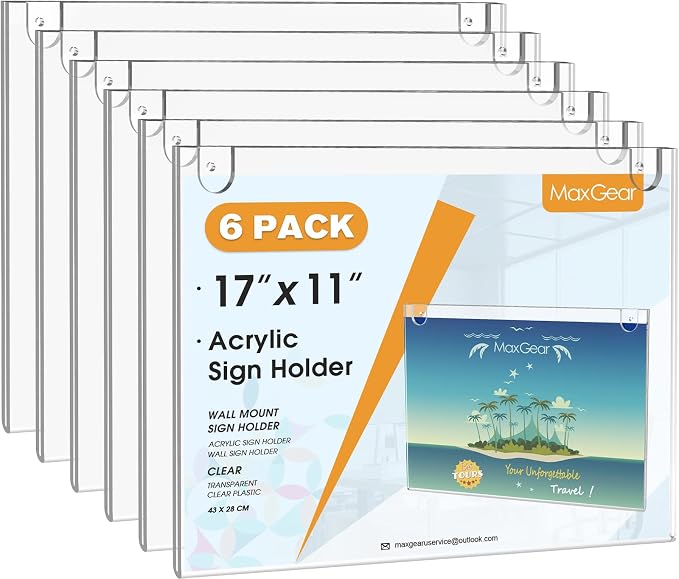 MaxGear Acrylic Wall Mount Sign Holder, 11 x 17 Landscape, 6 Pack | Includes by MaxGear