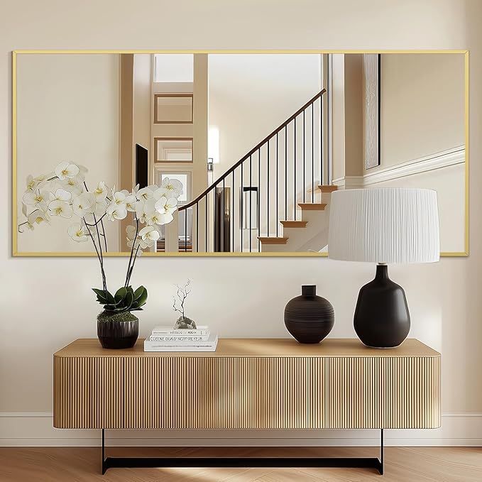 Large Full Length Mirror, 71"x32" Gold Floor Mirror with Stand, Rectangle Standing Mirror for Living Room Bedroom Cloakroom Gym, Thin Aluminum Frame, Tempered Glass-DeskLoop Office