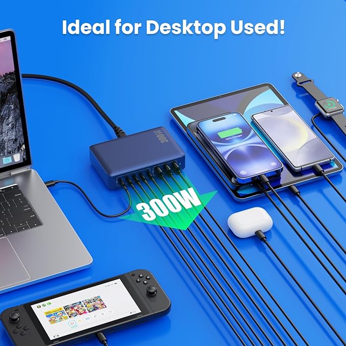 USB C Charger 300W USB C Charger Block 8-Ports GaN IV Fast Charging Station,PD 100W Laptop Charging Hub Wall Charge Adapter Compatible with MacBook/Air,DELL,Steam Desk,iPhone 16/15/14,Galaxy-DeskLoop Office