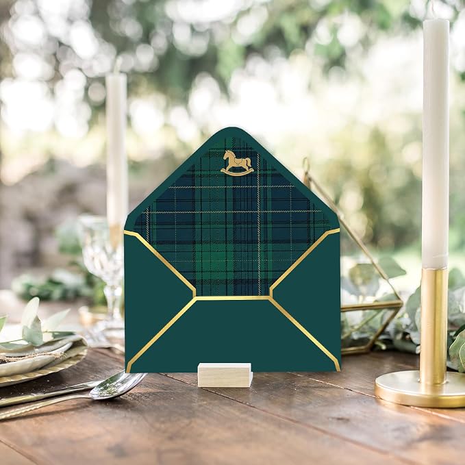 Whaline 50 Pcs Tartan Bear Envelopes Green Blue Plaids Bear Rocking Horse - Image 6