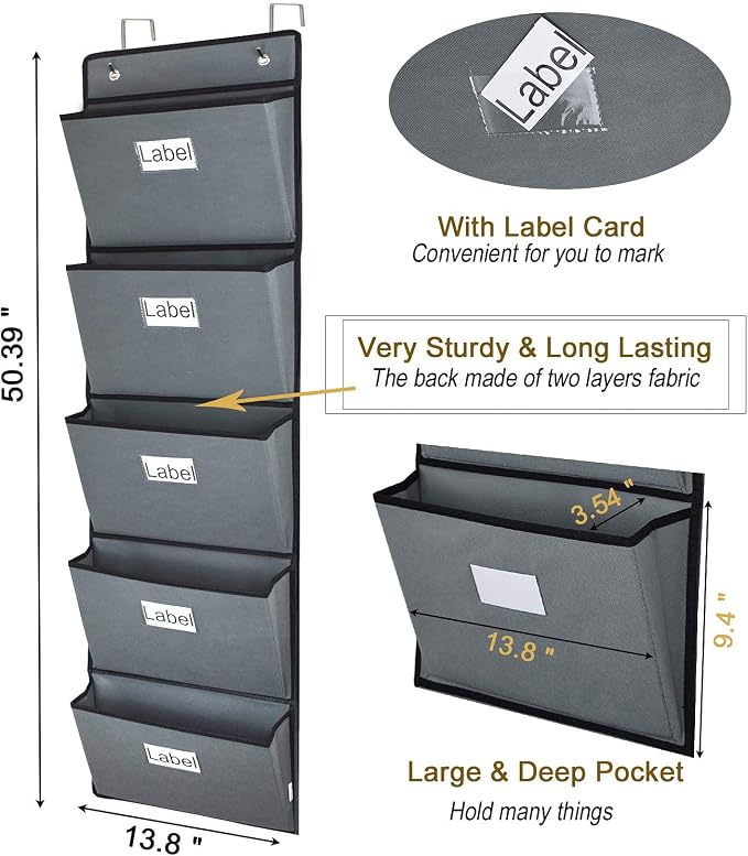 Over the Door Hanging File Organizer 5 Extra Large Pockets Wall Hanging File - Image 2