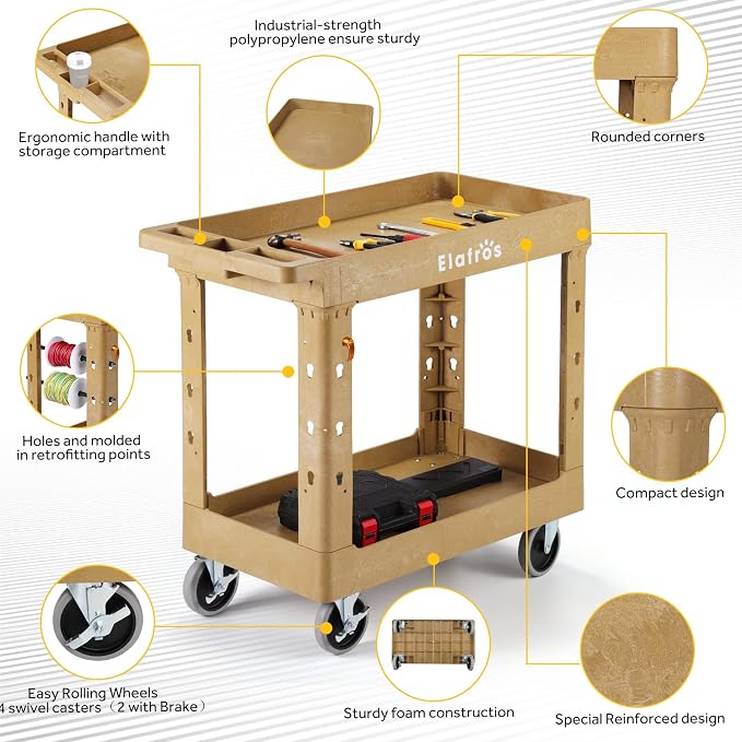 ELAFROS 2-Tier Heavy Duty Utility Rolling Cart, 34 x 17 in, Sand | 550 lbs - Image 5