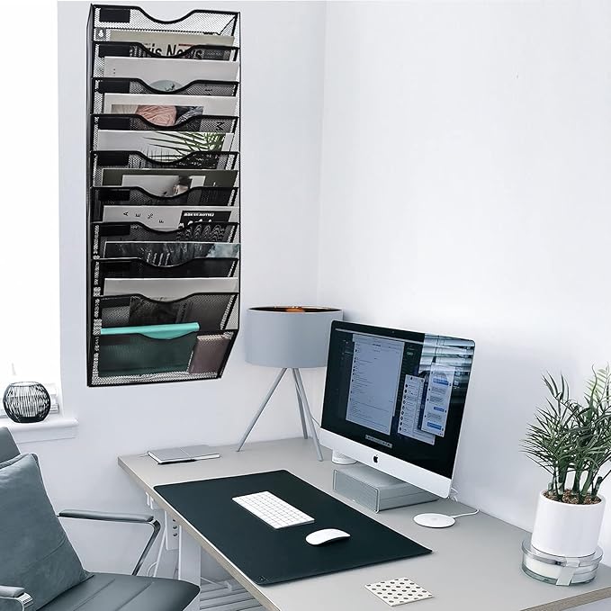 EASEPRES 10 Pocket Mesh Hanging Wall File Organizer, Wall Mounted Mail Paper Document Folder Holder, Clipboard Storage Organization Magazine Rack with Nametag Label for Office Home School, Black-DeskLoop Office