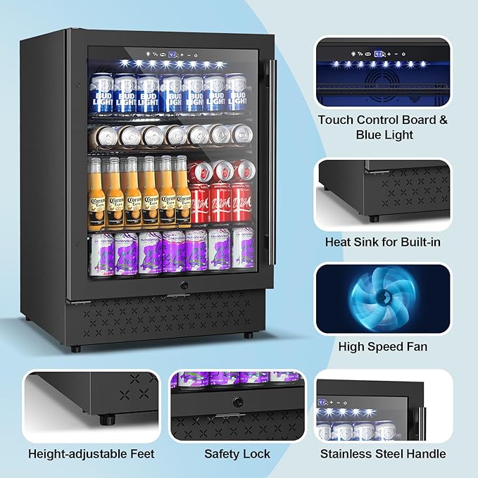 24 Inch Beverage Refrigerator, 5.2 Cu. Ft. Drink Refrigerator with Glass Door, 200 Cans Under Counter & Freestanding Drink Fridge, Reversible Door, Built-In Beverage Cooler for Kitchen, Bar or Office.-DeskLoop Office