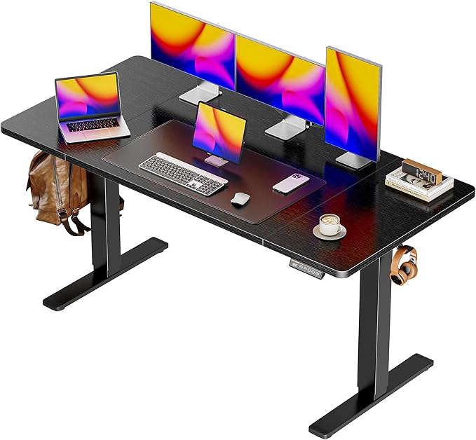 Huuger 55 x 28 Large Electric Standing Desk, Height Adjustable Computer Desk, 27.6" Deep Desktop, Stand up Gaming Office Table with 2 Hooks, 3 Preset Heights, for Home Office, Black-DeskLoop Office