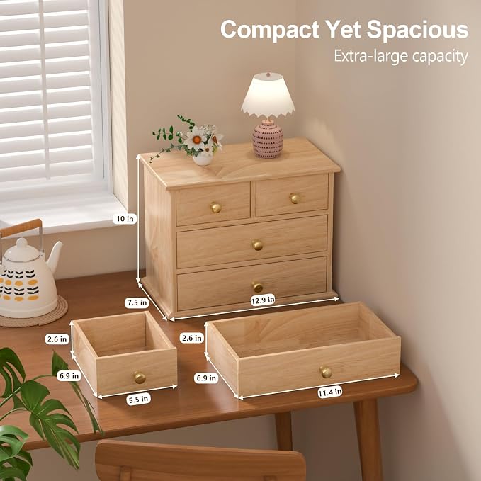 Oak Desk Organizer with Drawers, Durable Wooden Desktop Storage Box with Metal - Image 2