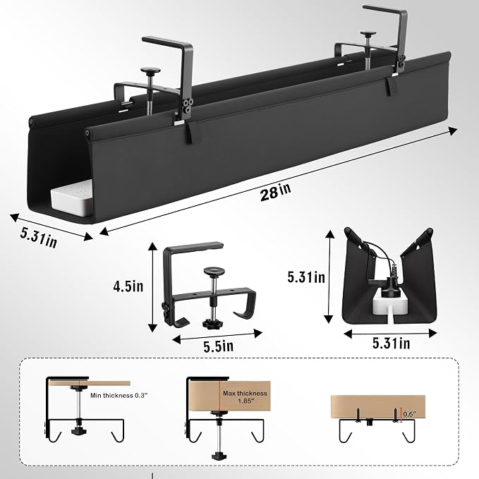 Desk Cable Management Tray, Fabric Cable Organizer, No Drill Large Clamp/Screw - Image 2
