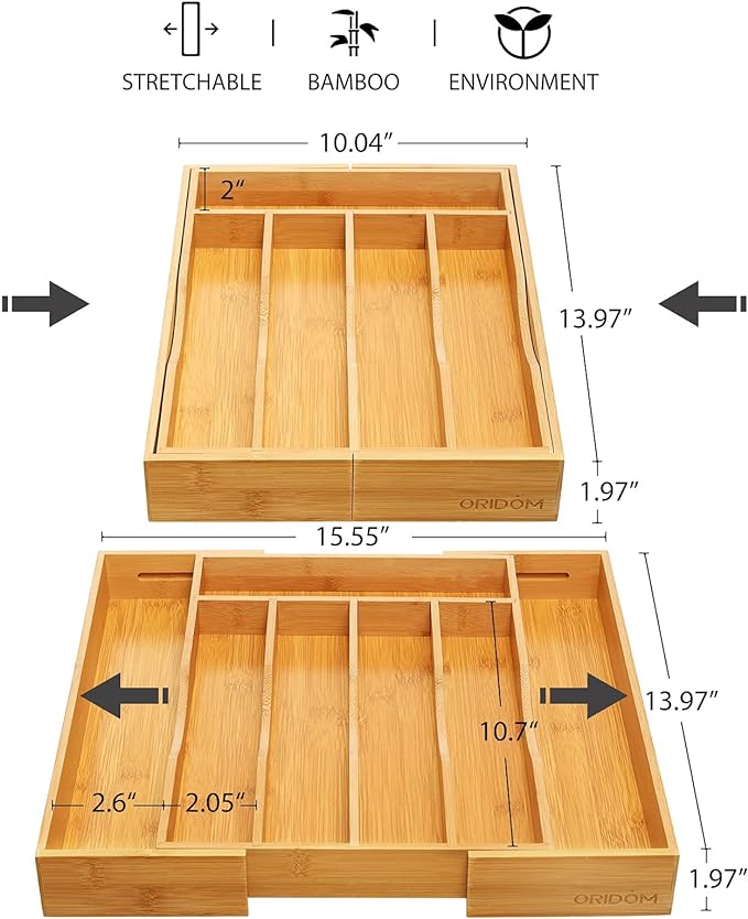 oridom Expandable Bamboo Kitchen Drawer Organizer - Image 2