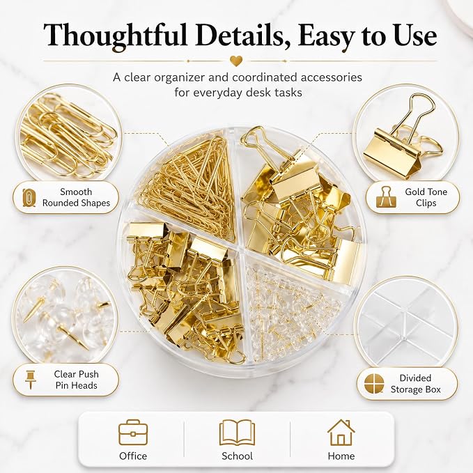Gold Paper Binder and Clips Set, Metal Assorted Sized Binders - Image 5