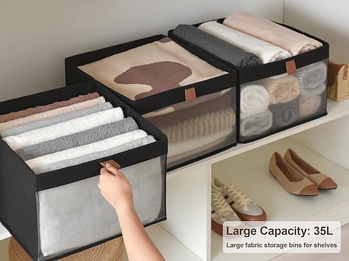 StorageWorks Closet Storage Bins, Extra Large Storage Baskets with Clear Window and Handles, Foldable Fabric Organizer for Clothes, Shelves, Black, 3 Pack-DeskLoop Office
