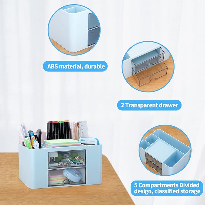 Desk Organizer with 2 Drawer, Plastic Desktop Pen Pencil Card Holder Storage Box - Image 6