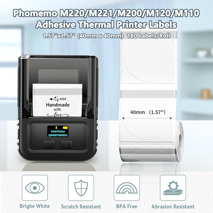 Phomemo Transparent Thermal Labels, Self-Adhesive, 1.57"x1.57", 180 Labels/Roll - Image 2