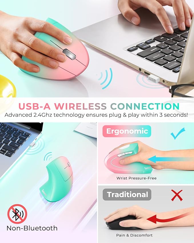 Lekvey Ergonomic Mouse, Vertical Wireless Mouse, Rechargeable 2.4G Optical Carpal Tunnel Mice with USB Receiver: 1000/1200 / 1600 DPI, 6 Buttons, for Laptop, Computer, PC, Desktop, Pink Green-DeskLoop Office