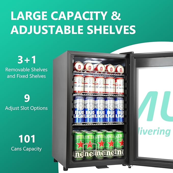 101 Cans Compressor Beverage Refrigerator, 17 Inch Drink Fridge with Glass Door, Adjustable Removable Shelves, Quiet Operation, Temp Memory, Beer Cooler for Soda, Beer, Water, Home Bar, Office-DeskLoop Office