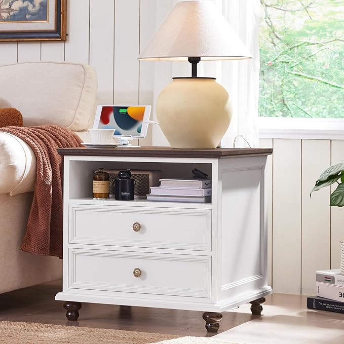 24" Wide Farmhouse Nightstand with Charging Station, End Table with 2 Drawers, White Wood Dresser for Bedroom Cabinet, Bed Side Table Chest of Drawers, Night Stand for Living Room, Closet-DeskLoop Office