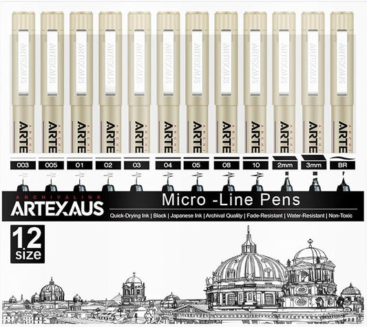 Micro Fineliner Drawing Art Pens, 12 Assorted Sizes, Waterproof Archival Ink by Unknown