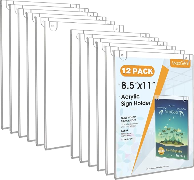 MaxGear Wall Mount Sign Holder, 8.5 x 11 Vertical, 12 Pack | Includes Adhesive by MaxGear